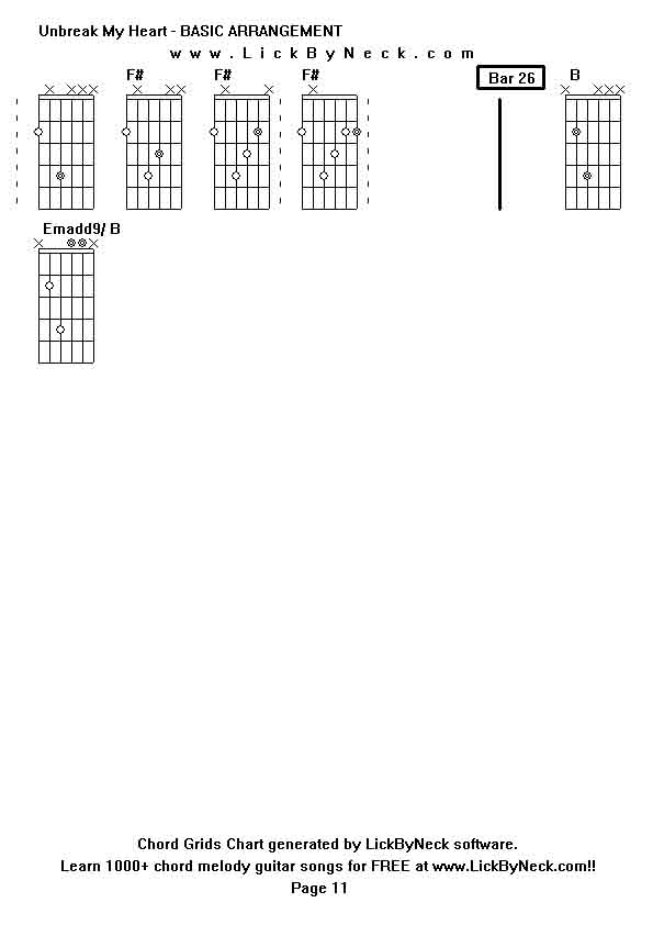 Chord Grids Chart of chord melody fingerstyle guitar song-Unbreak My Heart - BASIC ARRANGEMENT,generated by LickByNeck software.